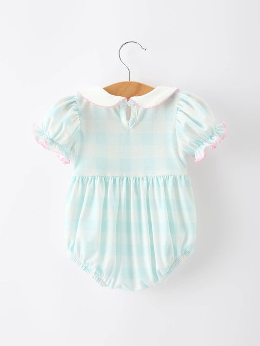 Plaid Bow Girls Romper Smocked Petals Collar Puff Sleeve