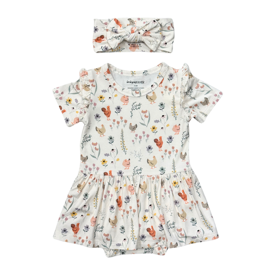 Girl's Short Sleeve Bodysuit Dress Set: Floral Chickens / NB