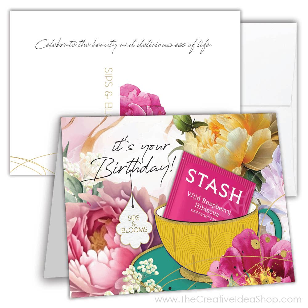 TEA GREETING Card with REAL TEA BAG - Birthday Sips Blooms 2