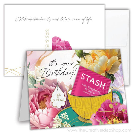 TEA GREETING Card with REAL TEA BAG - Birthday Sips Blooms 2