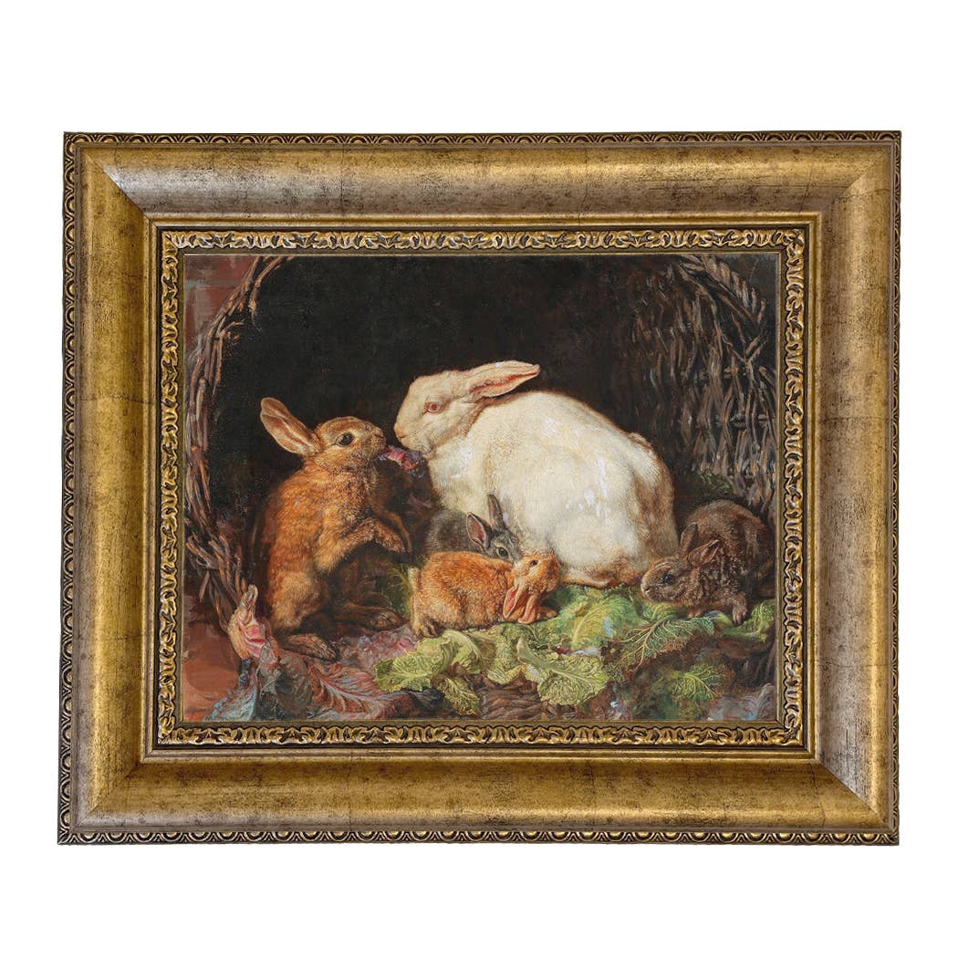 Hares and Young Framed Painting Print on Canvas