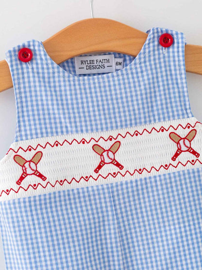 Baby Boy Baseball Smocked Romper – Blue Plaid Summer Outfit: 3M
