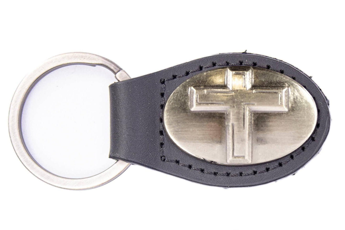 Christian Cross Oval Leather Keychain: Black