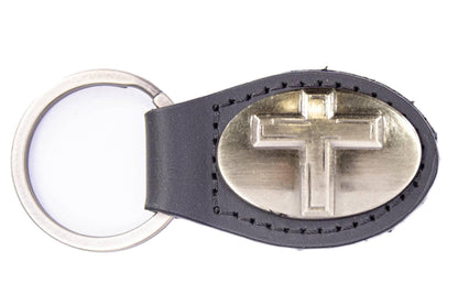 Christian Cross Oval Leather Keychain: Black