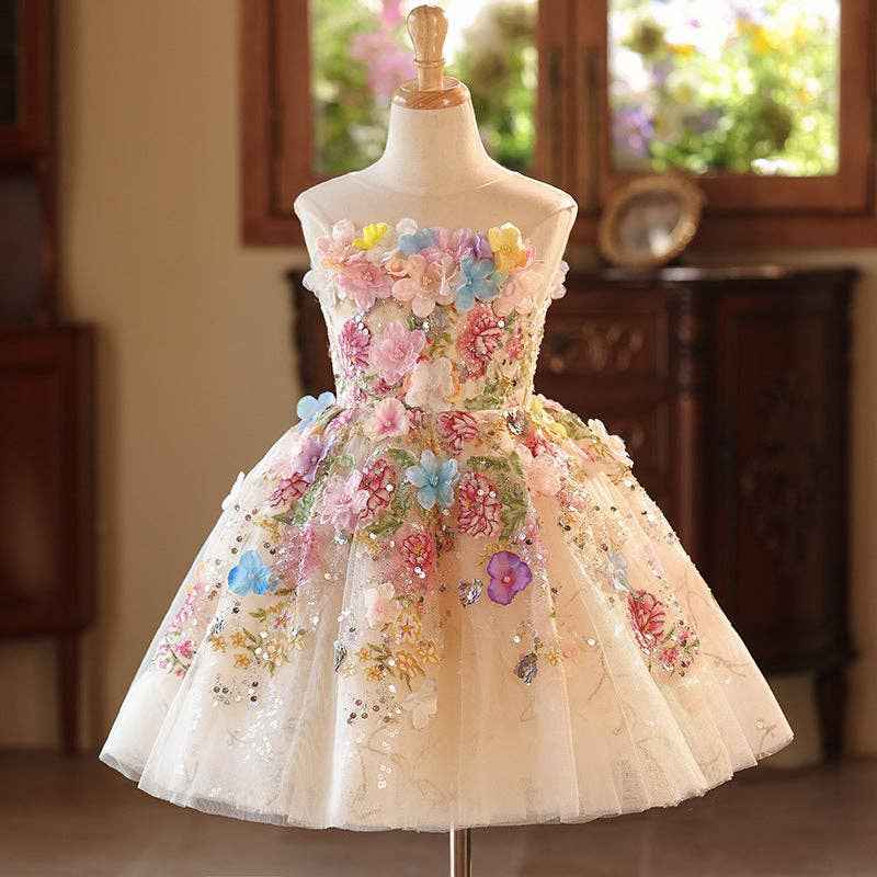 Girls Floral Tulle Princess Dress with Illusion Neckline: Multicolor / Printed / 5-6 Years (130cm)