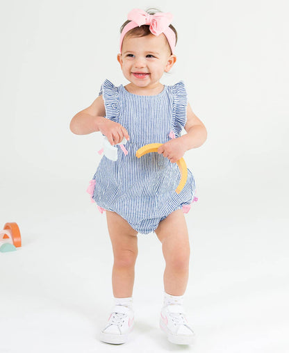 Baby Girls Blue Seersucker Classic Ruffle Bubble Romper: Blue
