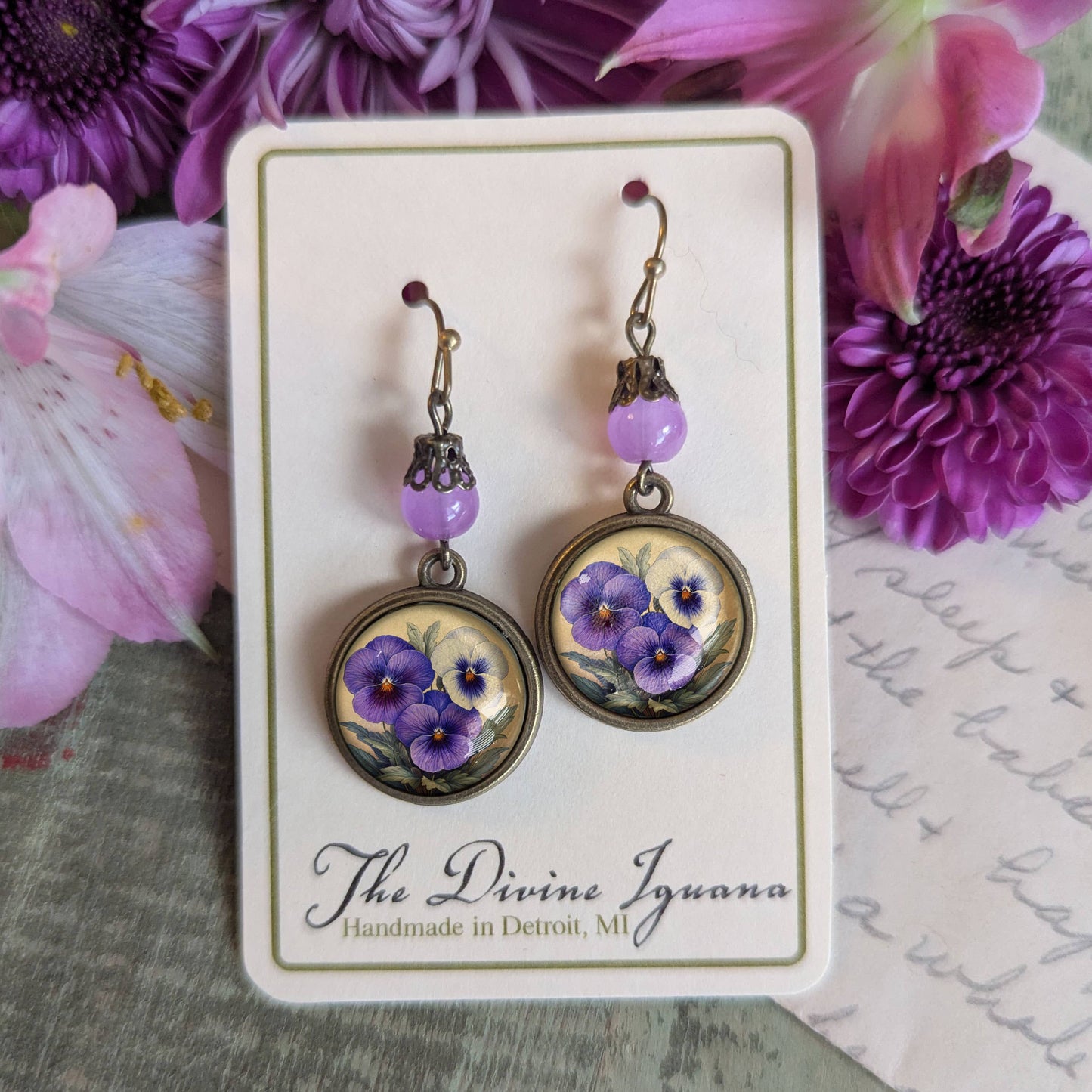 Purple Pansies Spring Floral Bronze and Glass Earrings