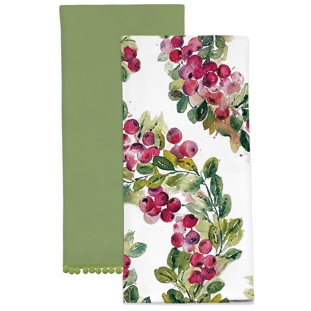 Cranberry Wreath Cotton Tea Towels S/2 Christmas