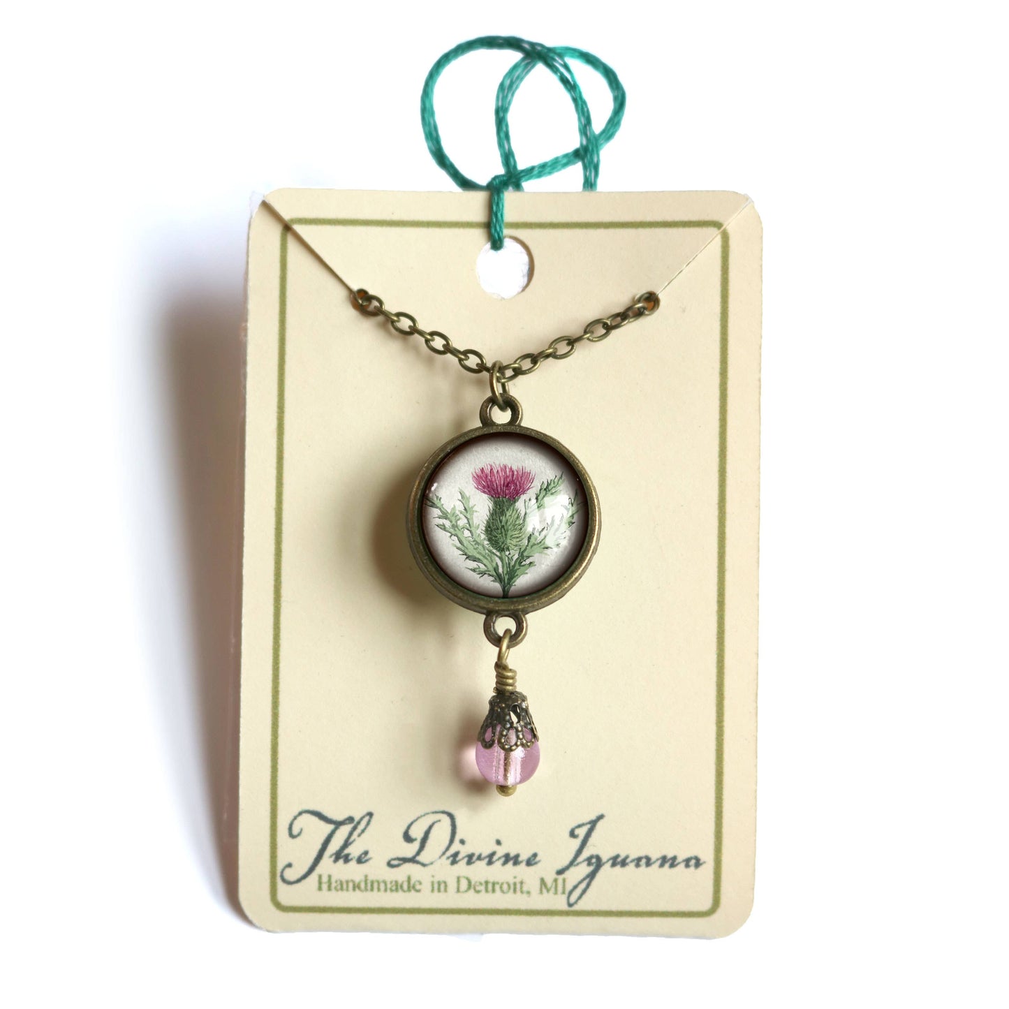 Scottish Thistle Glass Cabochon Pendant Necklace With Bead