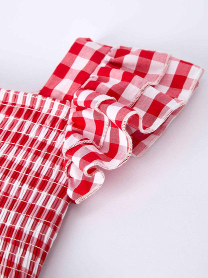 Summer Plaid Smocked Ruffle Girl Dress Sibling Outfits: 2