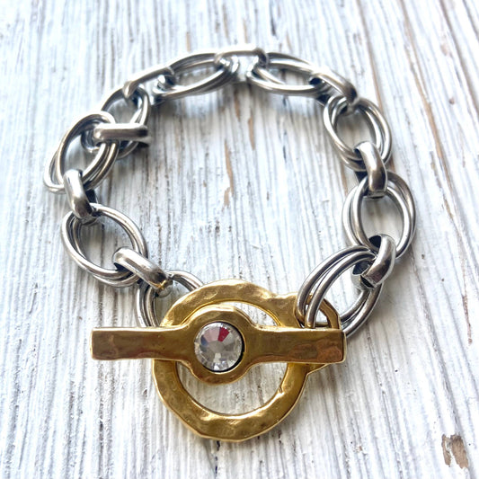 Chunky bracelet  hammered hand casted toggle with crystal 