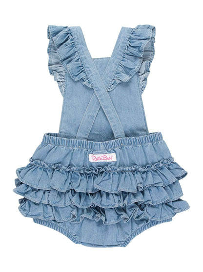 Baby Girls Light Wash Flutter Overall Romper: Blue / 0-3m