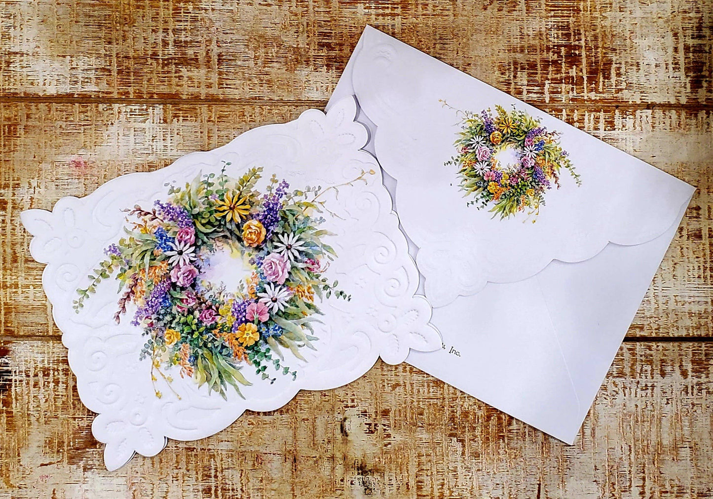 Flower Wreath Embossed, Die-Cut Boxed Portfolio Note Cards