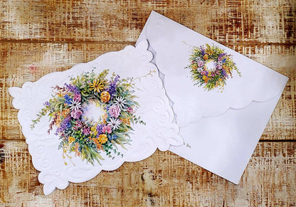 Flower Wreath Embossed, Die-Cut Boxed Portfolio Note Cards