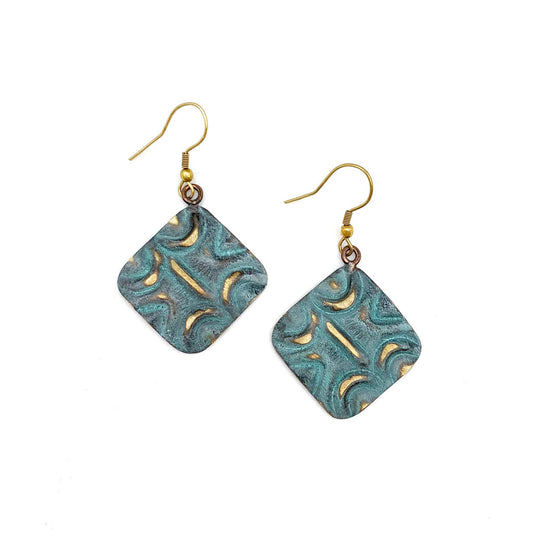 Brass Patina Earrings - Aqua Squares with Lines