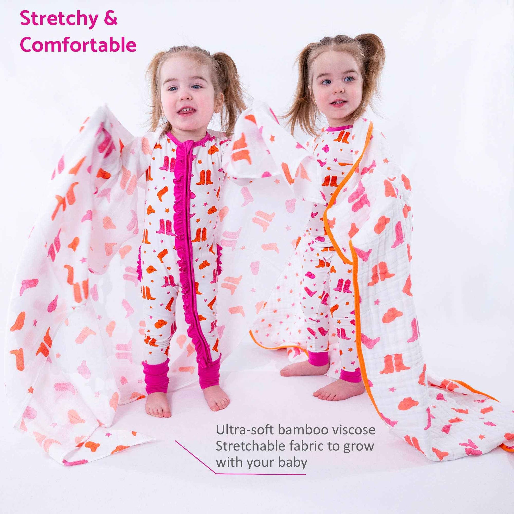 LollyBanks - Bamboo Baby Convertible Ruffle Zipper Pajamas - Cowgirl Boot
