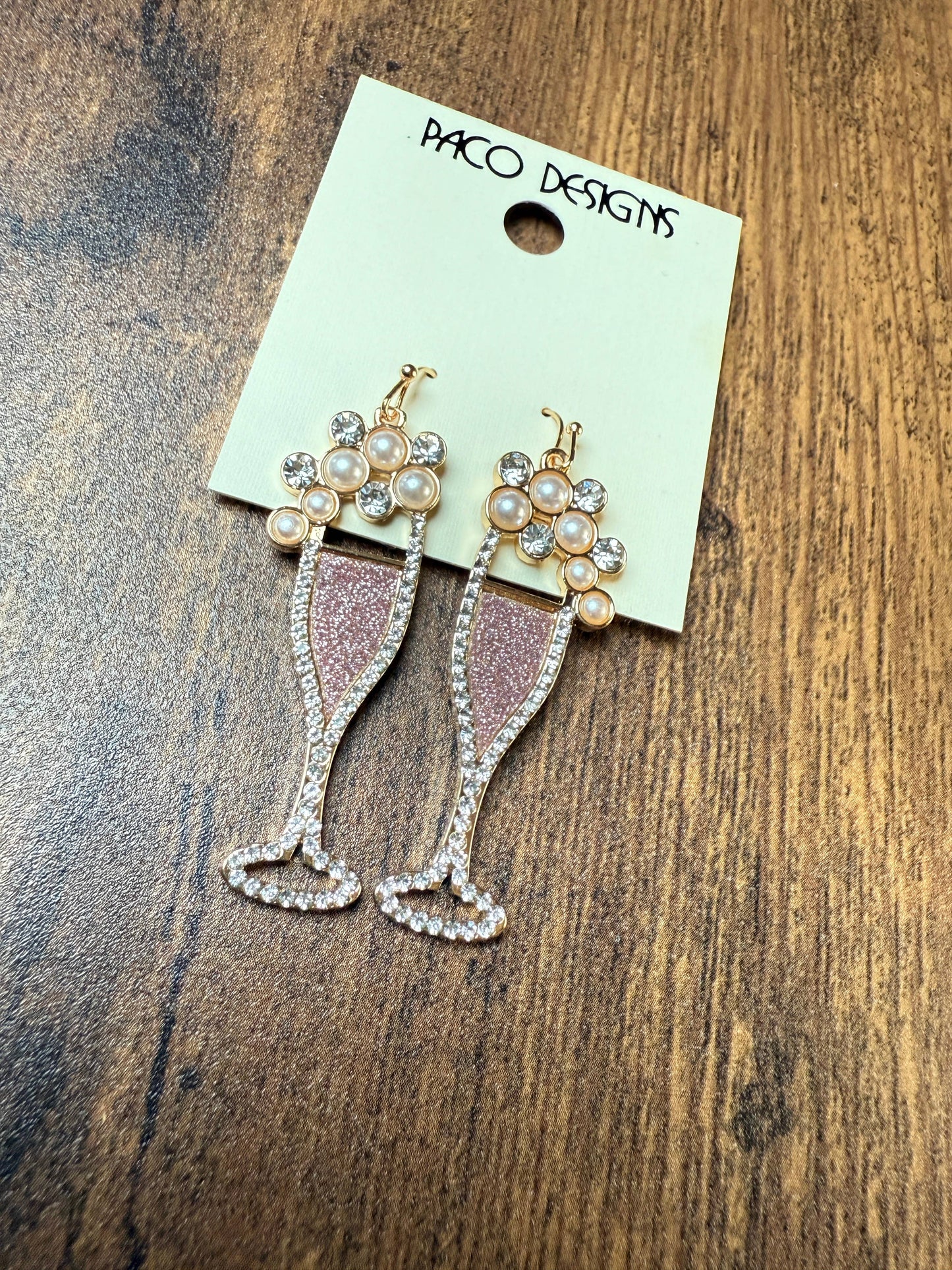 Glitzy Pink Champagne Flute Earrings with Pearls