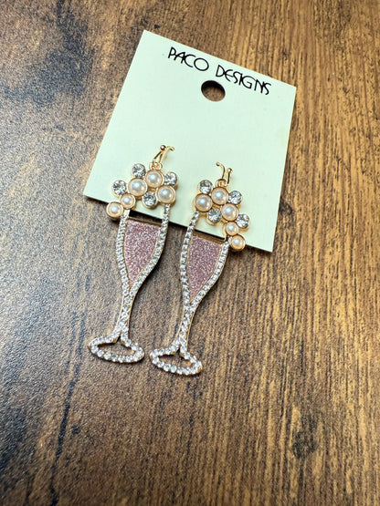 Glitzy Pink Champagne Flute Earrings with Pearls