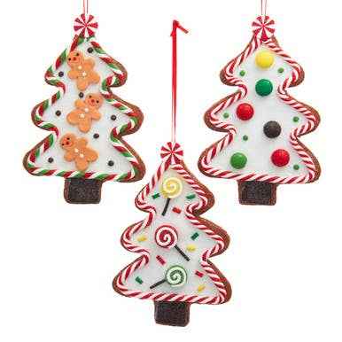 A cookie shaped Christmas tree ornament iced in white with a red and green candy cane striped edge.