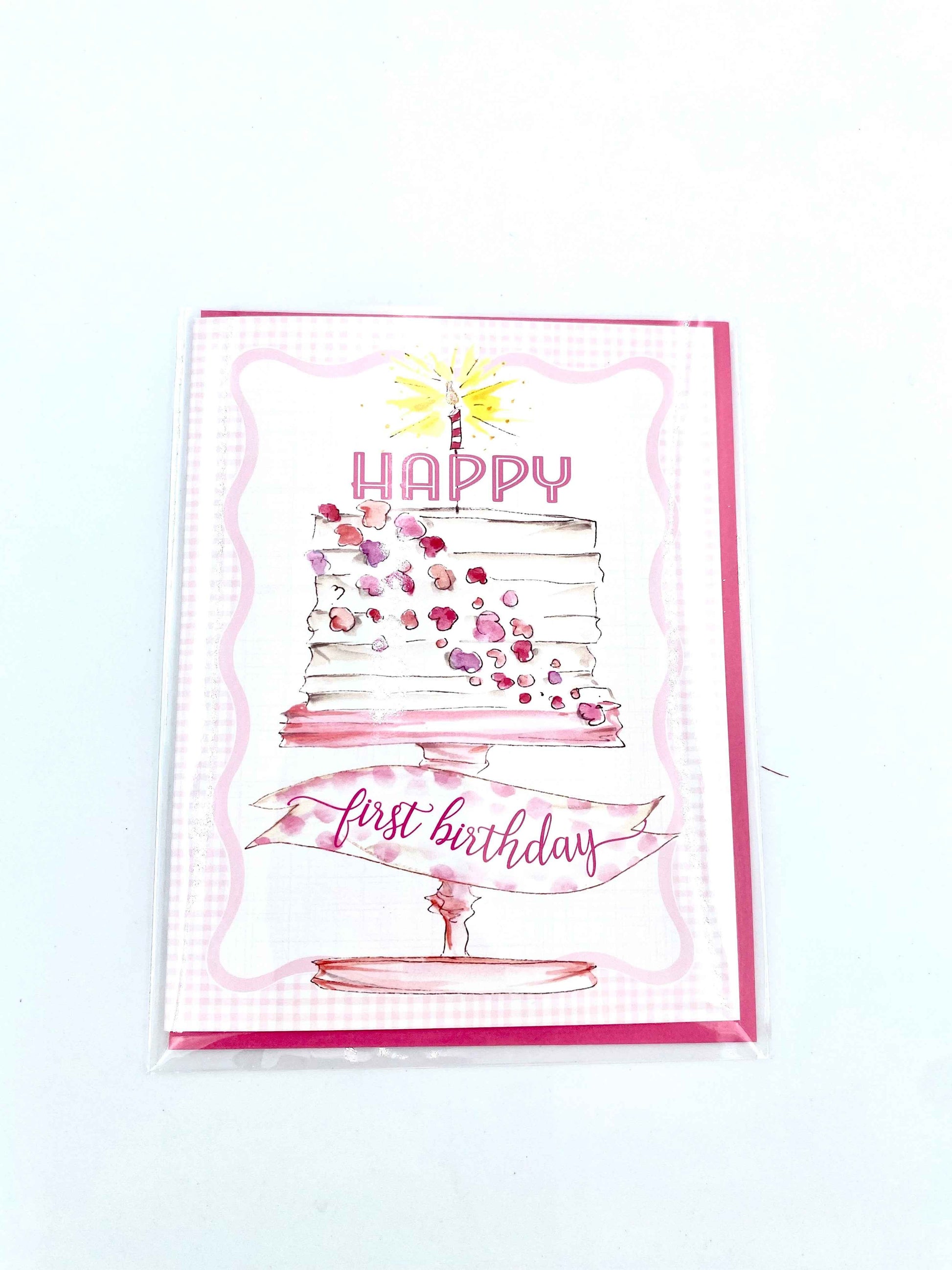 Happy First Birthday Pink Flowers on Cake