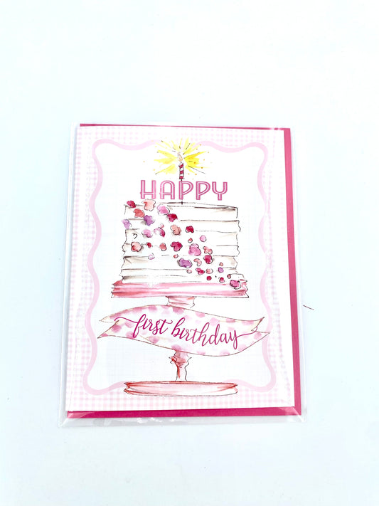 Happy First Birthday Pink Flowers on Cake