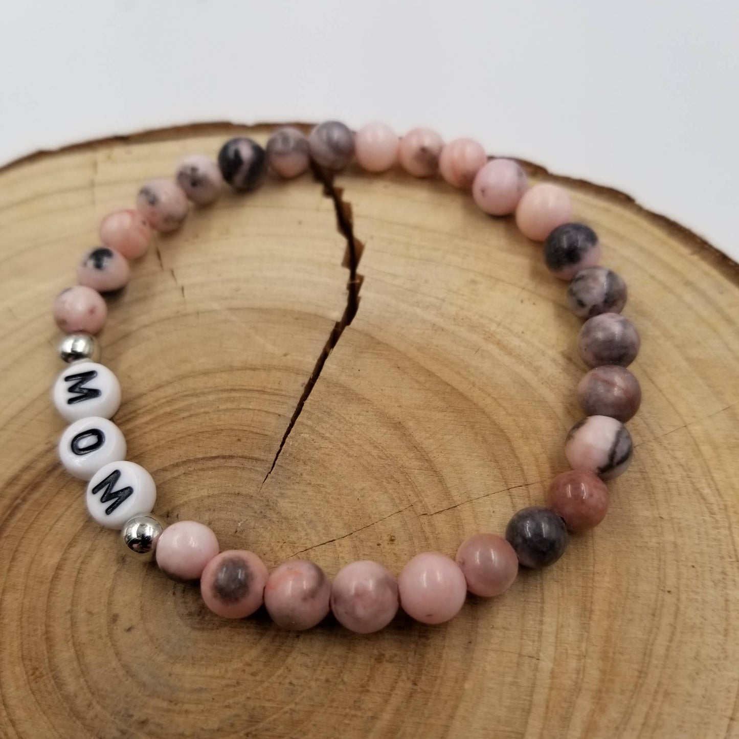 Natural Rhodonite Stone MOM Bracelet - Mother's Day Gift