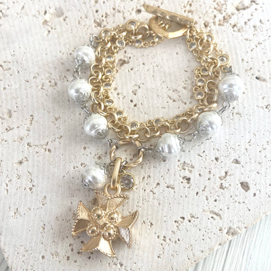 Triple layered pearl crystal bracelet vintage cross