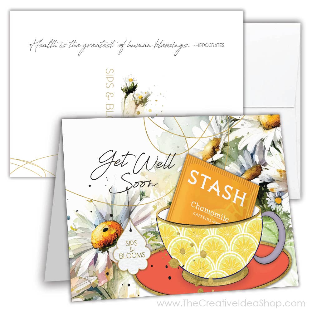 TEA GREETING Card with REAL TEA BAG - Get Well Sips Blooms