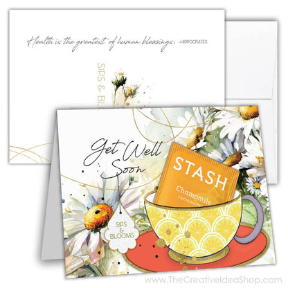 TEA GREETING Card with REAL TEA BAG - Get Well Sips Blooms