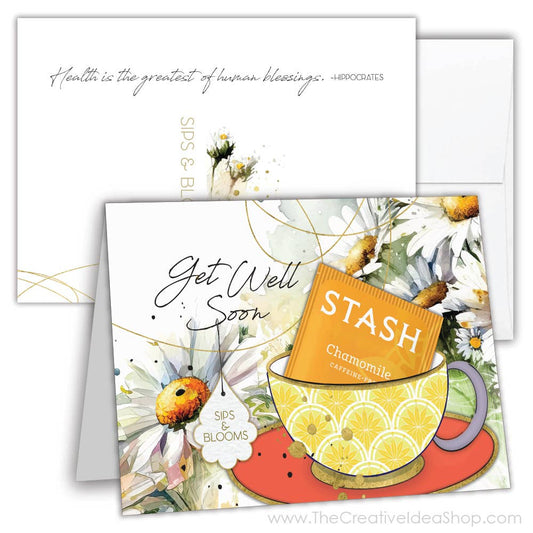 TEA GREETING Card with REAL TEA BAG - Get Well Sips Blooms