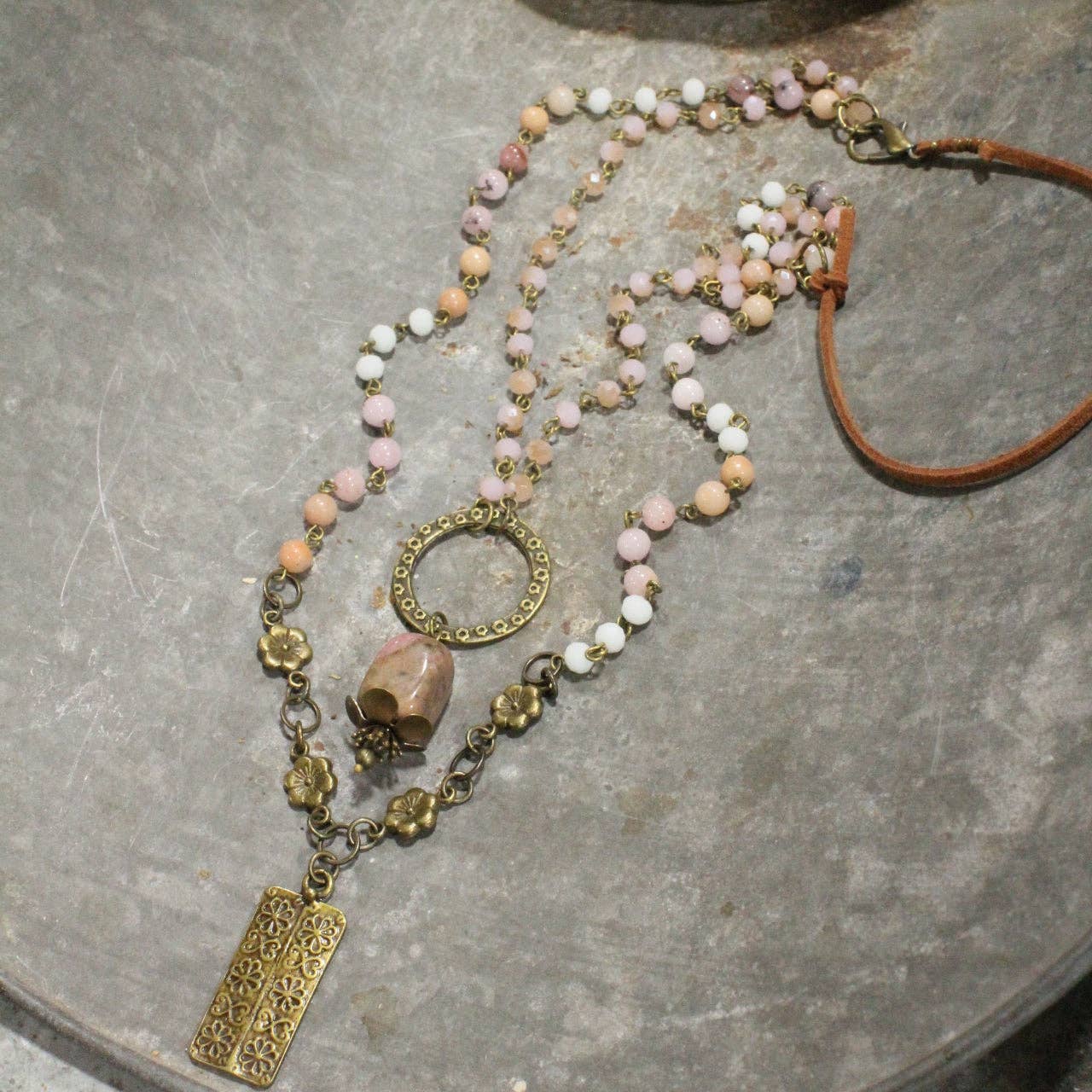 Double Layered Blush Bead & Flower Pendant Necklace