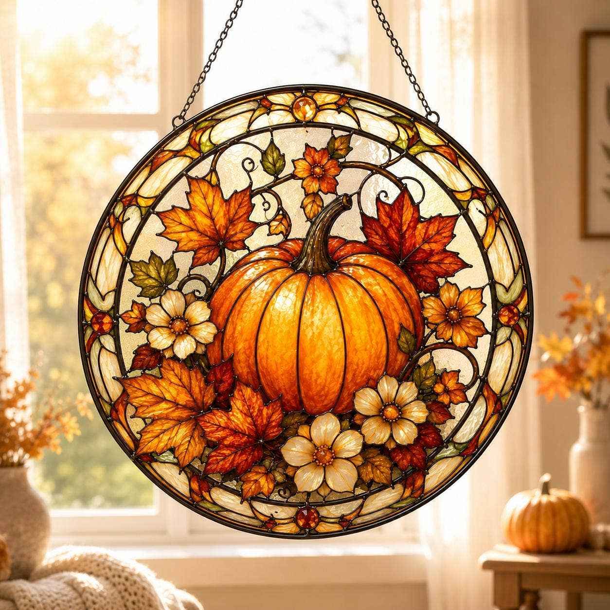 Autumn Pumpkin Crescent Moon Stained Glass Suncatcher