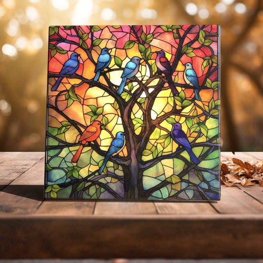 Colorful Birds Stained Glass Style Decorative Ceramic Tile - Handcrafted Art for Home Decor