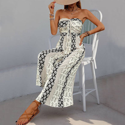 Strapless Smocked Romper Tube Top Flare Trousers Jumpsuit