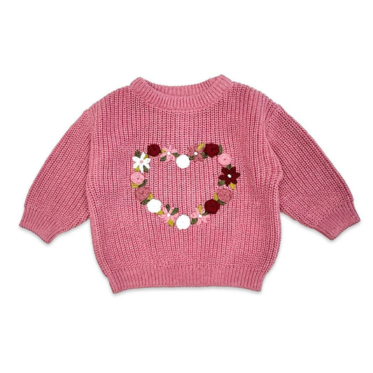 Viverano Organics - French Rose Heart Embroidered Slouchy Baby Sweater Cardigan