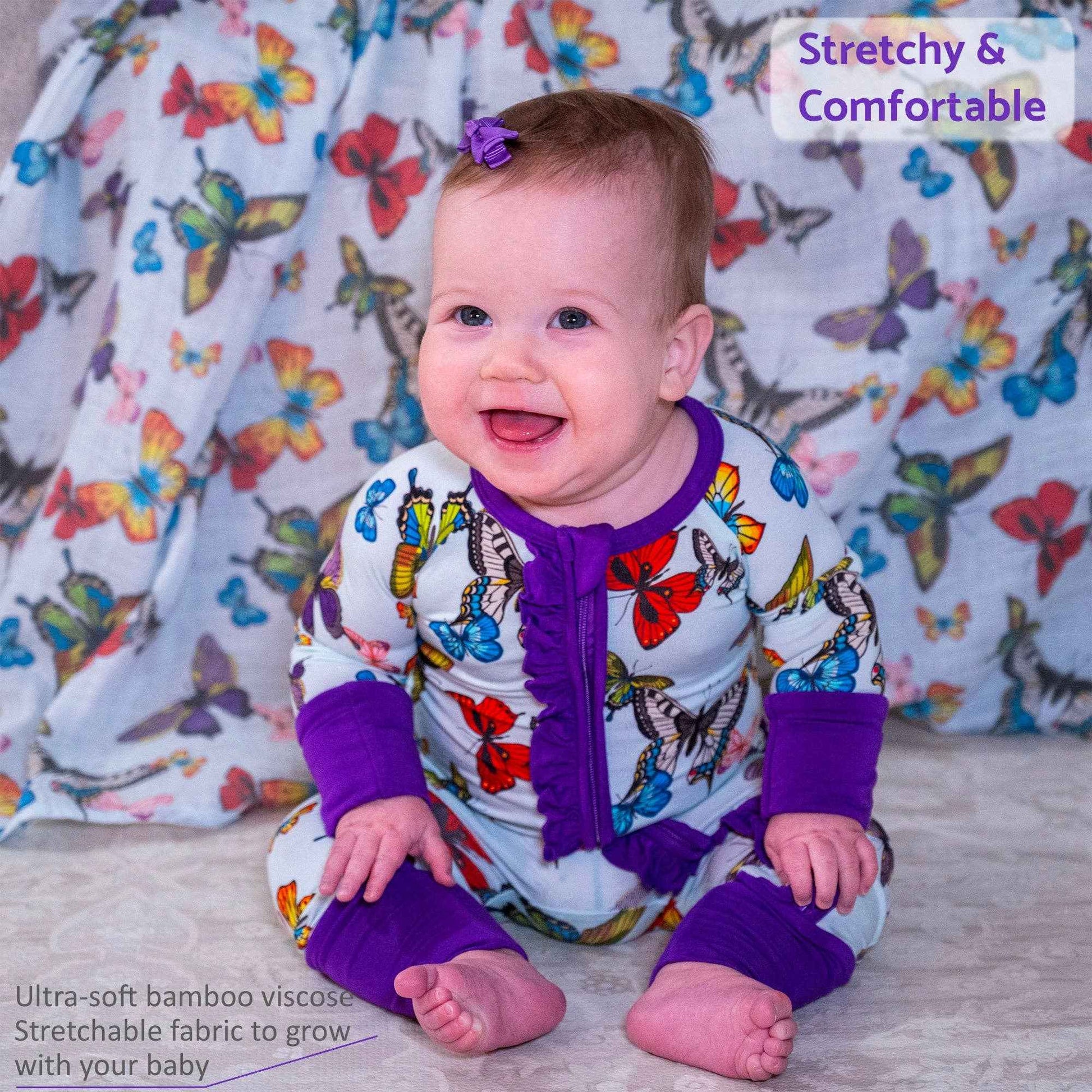 LollyBanks - Bamboo Baby Convertible Ruffle Zipper Pajamas - Butterfly