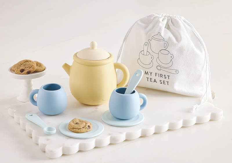 My First Tea Set: Tea Pot: 4.5" W x 4.75" H x 3" DCups: 2.5" W x 2" H x 2" HPlates: 2.875" SqSpoons: 3.5"W x 0.75" H x 0.25" D