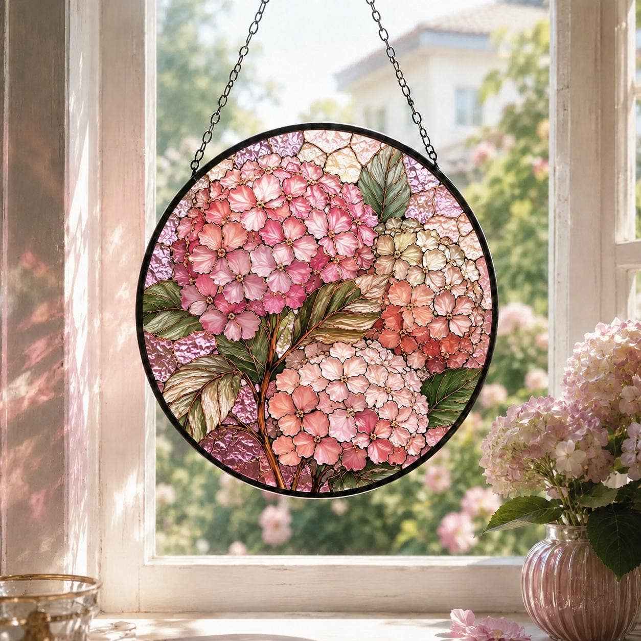 Pink Floral Stained Glass Suncatcher, Hydrangea Window Decor