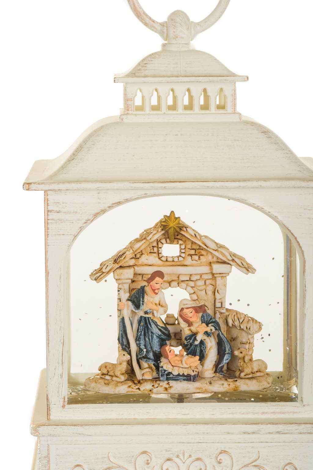 Musical White Led Lantern Snow Globe With Nativity Scene