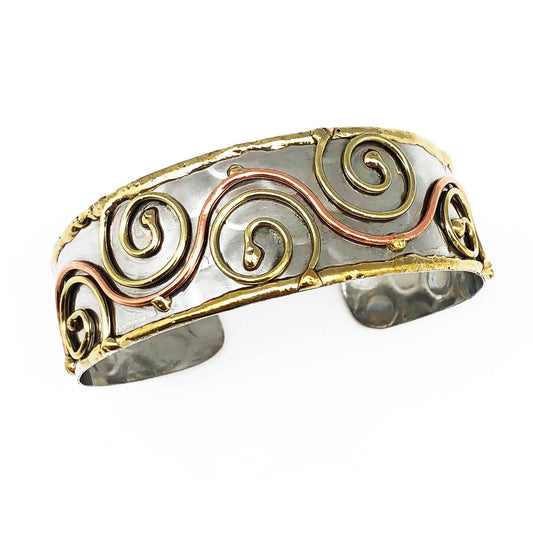 Mixed Metal Cuff Bracelet - Brass Swirls Copper Wave