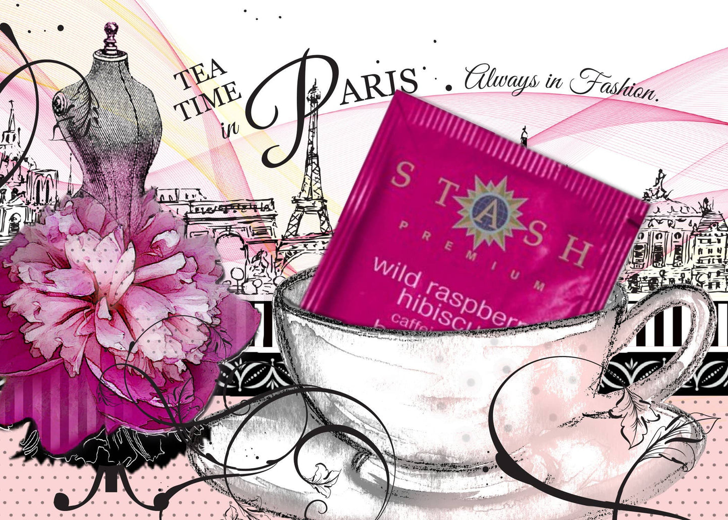 TEA GREETING Card w. REAL TEA BAG - Paris Always in Fashion