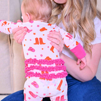 LollyBanks - Bamboo Baby Convertible Ruffle Zipper Pajamas - Cowgirl Boot
