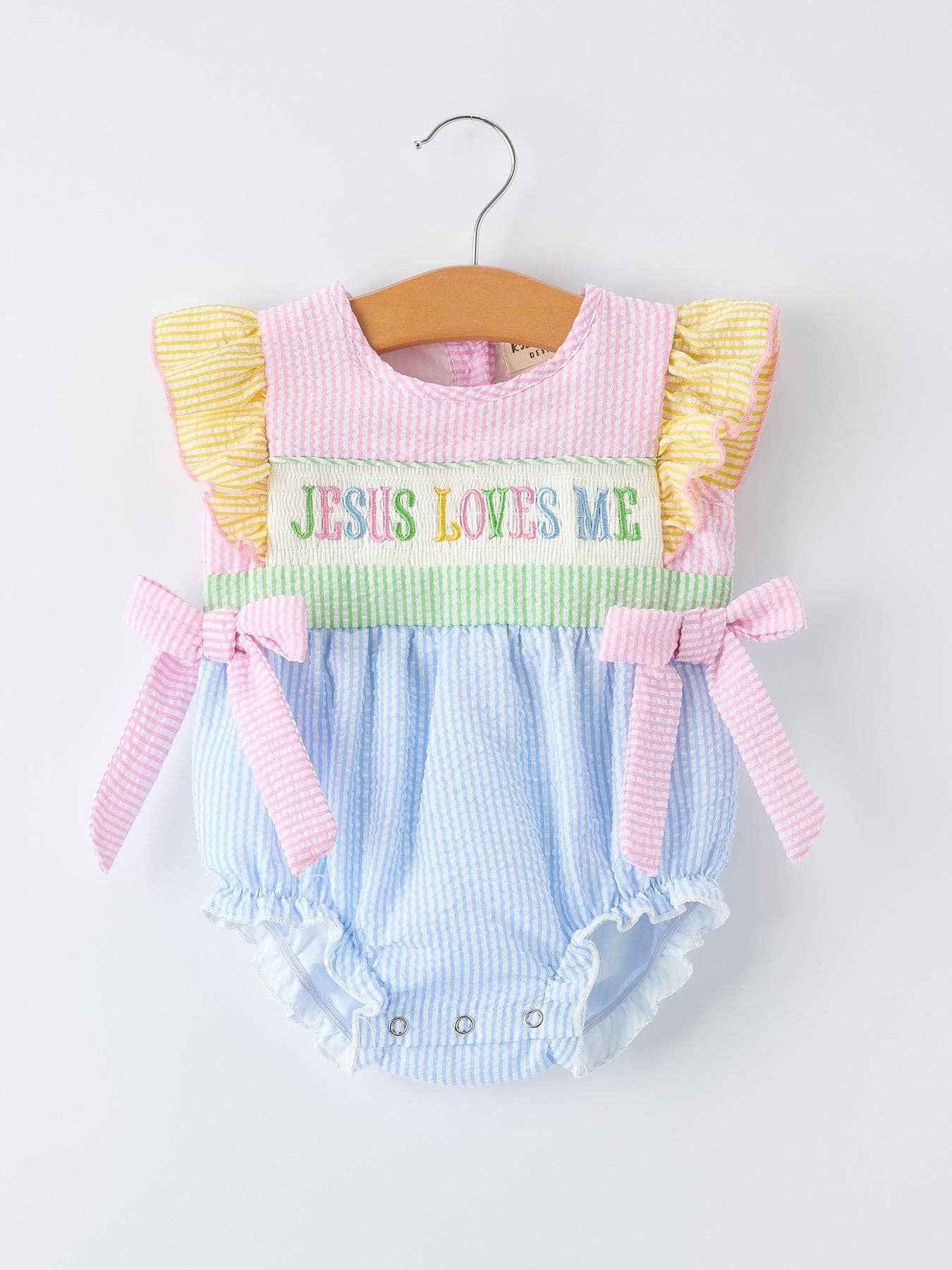 Jesus Loves Me "Embroidered Baby Girls Romper: 6M