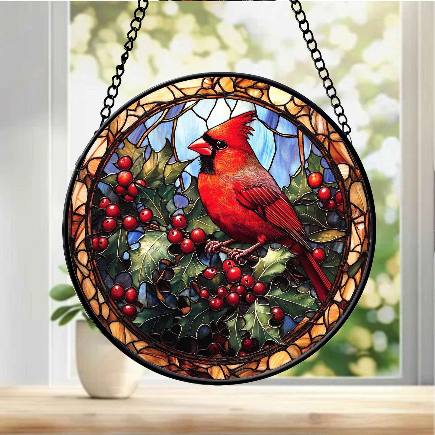 Stained Glass Cardinal Suncatcher, Red Bird with Holly