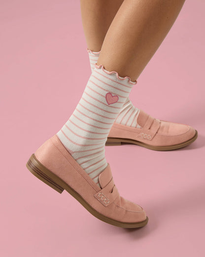 Women's Embroidered Heart Striped Crew Socks