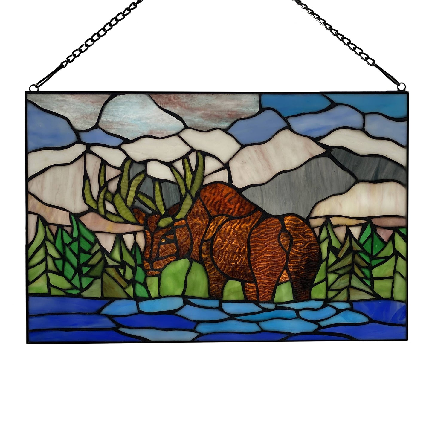 18.25" Moose Mountainscape Stained Glass Window Panel
