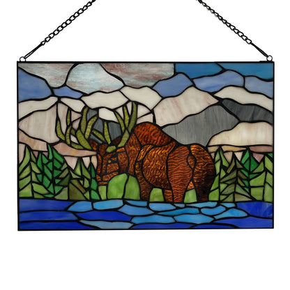 18.25" Moose Mountainscape Stained Glass Window Panel