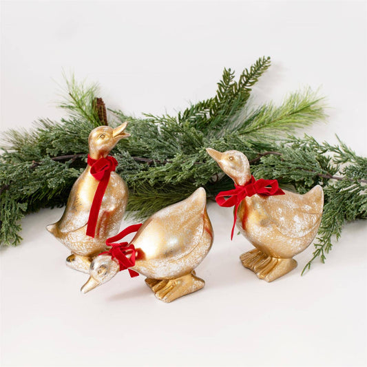 Gold Christmas Ducks With Red Bows  Set of 3 Assorted