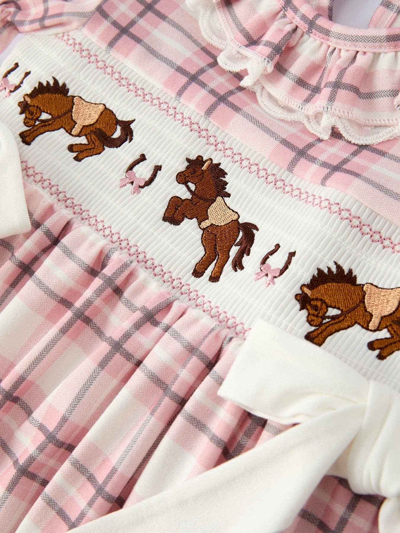 Western Horse Embroidered Smocked Plaid Girls Dress: 3