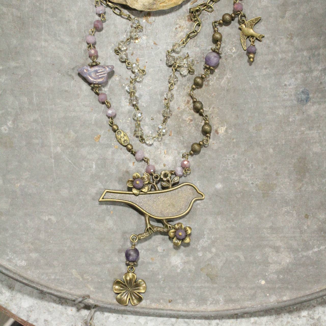 Bird Chirping Purple Czech Layered Necklace